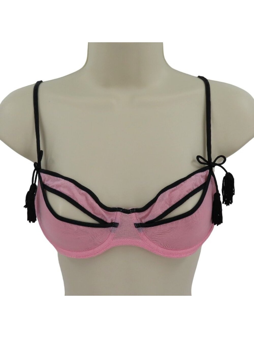 Victorias Secret Small Pink Black Sheer Underwire Bra Open Cup Tassels Sexy